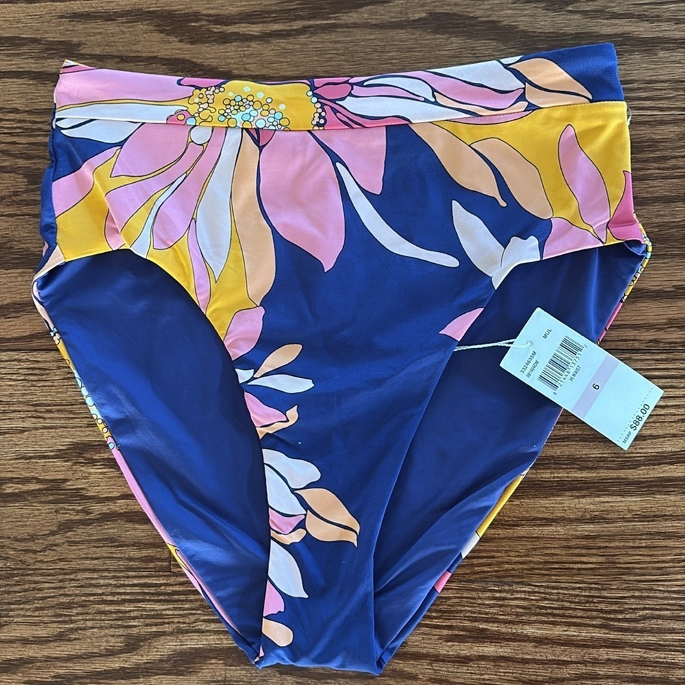 Trina Turk high waisted Multicolor Bikini Bottom navy with floral NWT size 6